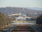 A view from the War Memorial to the old and new Australian parliament houses. A beautiful vista.